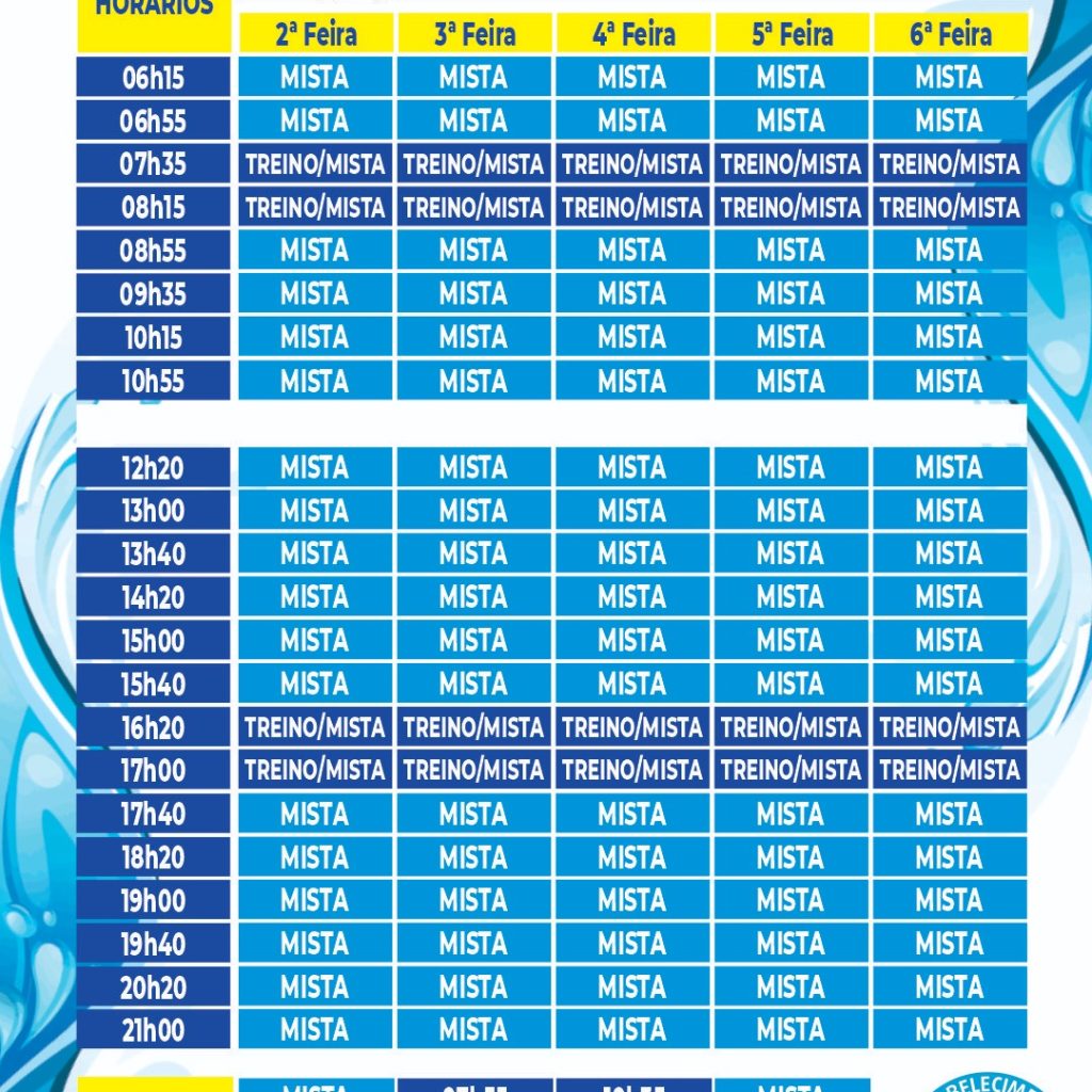 Grade de Aulas de Natação Piscina Semiolímpica